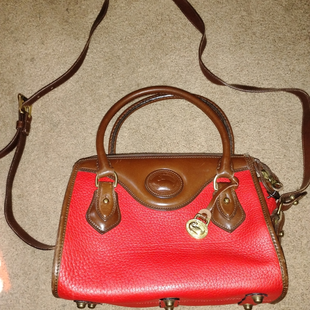Dooney & Bourke Red Pebbled Leather Satchel with Brown Trim